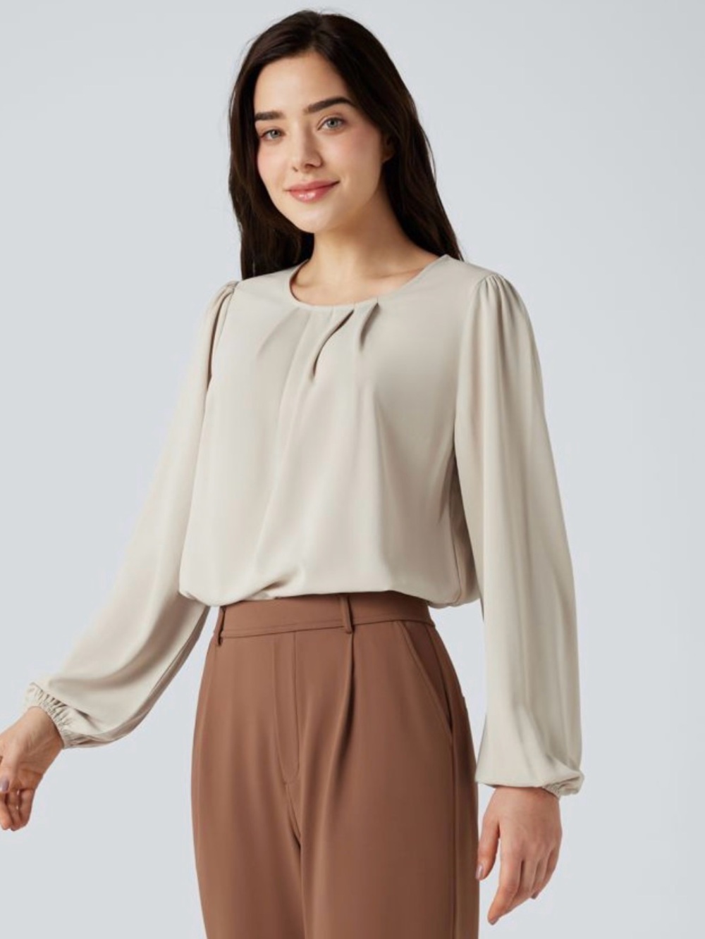 Pleated Cream Long-Sleeve Blouse - Women's Elegant Top